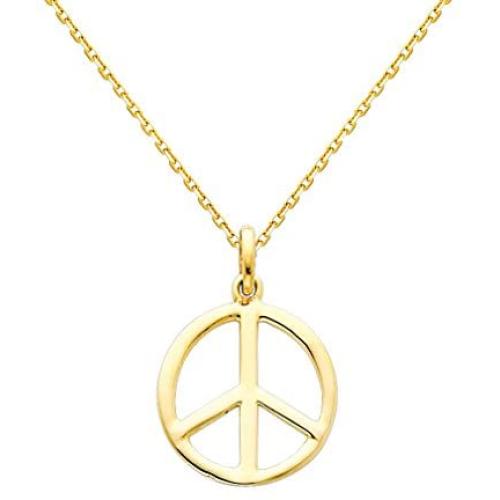 The World Jewelry Center 14k Yellow Gold Peace Sign Pendant with 0.9mm Cable Chain Necklace