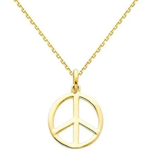 The World Jewelry Center 14k Yellow Gold Peace Sign Pendant with 0.9mm Cable Chain Necklace
