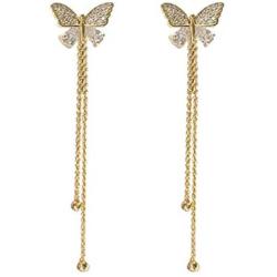 Vintage Butterfly Rhinestone Pearl Beads Long Tassel Threader Dangle Drop Earrings 14K Gold Plated Shiny Crystal Fringe Chain Crawler Earrings for Women Girl Statement Jewelry Gift