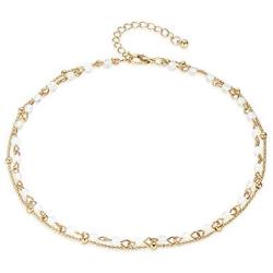 Fettero Dainty Layered Gold Chocker Handmade Beads 14K Gold Fill Heart White Opal Necklace