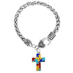 MiniJewelry Autism Awareness Puzzle Jigsaw Love Heart Cross Charm Bracelet for Women Mom Sister Daughter Brother Son Auntie Wife Husband Family