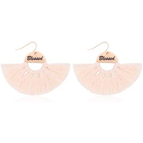 Bohemian Tassel Thread Fringe Statement Earrings - Inspirational Message Letter Fan Shield, Blessed Mama Chandelier Duster Dangles Jewelry Gift for Mom
