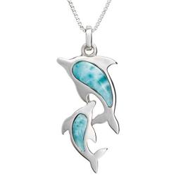 Aloha Jewelry Company Sterling Silver Natural Larimar Mother & Baby Dolphin Necklace Pendant with 18'' Box Chain