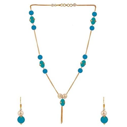 Efulgenz Indian 14 K Gold Plated Blue Faux Pearl Beads Strand Neckalce Earrings Set Fashion Costume Jewelry