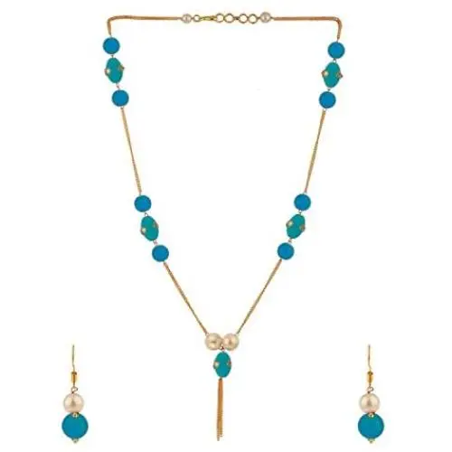 Efulgenz Indian 14 K Gold Plated Blue Faux Pearl Beads Strand Neckalce Earrings Set Fashion Costume Jewelry