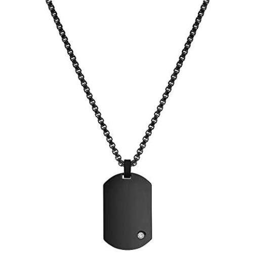 Geoffrey Beene Mens Engraving-Stainless Steel Dog Tag Pendant Necklace with Cubic Zirconia Stone