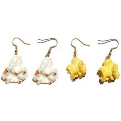 Vavhoo 2 pairs Cool Funny Simulation Yellow White Popcorn Earrings Girl Cute Trendy Food Drop Dangle for Young Women Ladies Korean Style