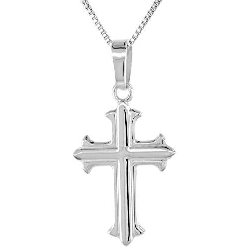 7/8 inch Sterling Silver Cross Fleury Necklace for Women and Men Solid Back Flawless High Polished Finish 0.8mm Box_Chain