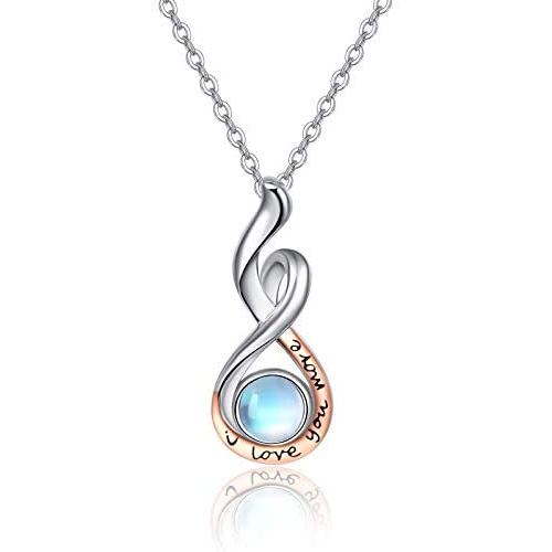 TANGPOET Infinity Necklaces for Women 18K Rose Gold Plated S925 Sterling Silver Moonstone Necklace I Love You More Pendant Jewelry Gift for Teens Mother Daughter 18''