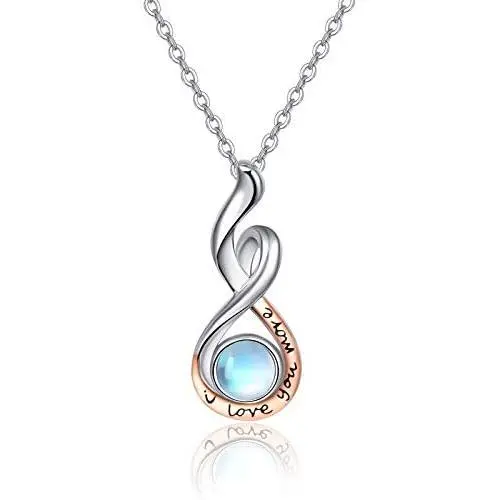 TANGPOET Infinity Necklaces for Women 18K Rose Gold Plated S925 Sterling Silver Moonstone Necklace I Love You More Pendant Jewelry Gift for Teens Mother Daughter 18''