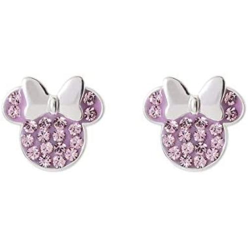 Disney Minnie Mouse Birthstone Jewelry for Women and Girls, Sterling Silver Pave Crystal Stud Earrings