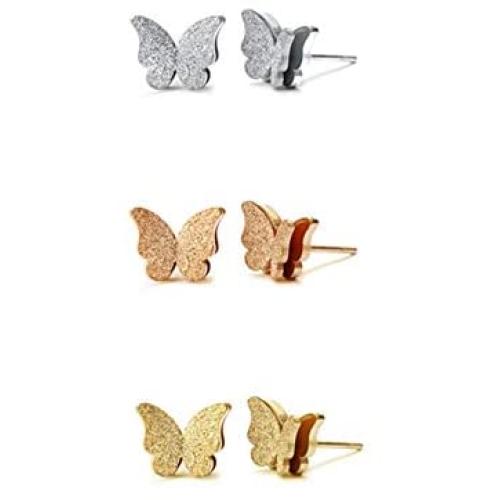Lenias Stainless Steel Butterfly Pendant Necklace and Tassel Stud Earrings for Women Girls Rose Gold Silver Cute Charm Fashion Animal Jewelry Gifts