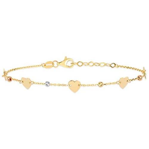 GELIN 14k Solid Heart with Beaded Balls Station Link Chain Bracelet - Gold Bracelet for Women