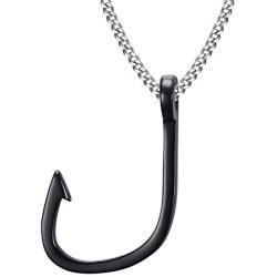 HUANIAN Jewelry Mens Stainless Steel Fishhook Fish Hook Pendant Necklace with 24'' Chain