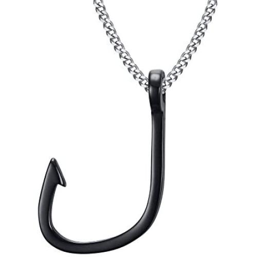 HUANIAN Jewelry Mens Stainless Steel Fishhook Fish Hook Pendant Necklace with 24'' Chain