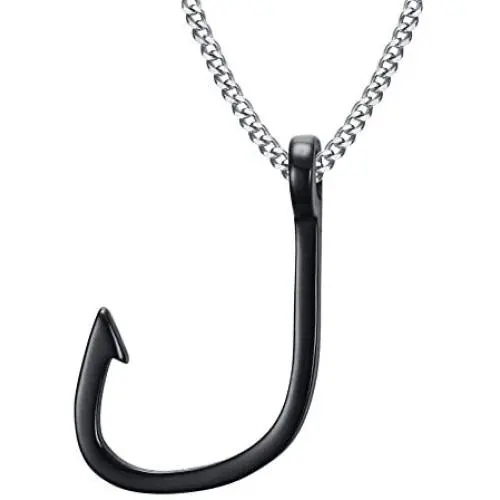 HUANIAN Jewelry Mens Stainless Steel Fishhook Fish Hook Pendant Necklace with 24'' Chain HUANIAN Jewelry Mens Stainless Steel Fishhook Fish Hook Pendant Necklace with 24'' Chain