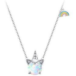 925 Sterling Silver Synthetic Opal Necklace Unicorn Necklace for Women Heart Pendant Jewelry Anniversary Birthday Gifts for Her