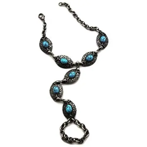 TFJ Women Fashion Jewelry Hand Chain Metal Bracelet Slave Ring Turquoise Blue Ethnic Antique Silver TFJ Women Fashion Jewelry Hand Chain Metal Bracelet Slave Ring Turquoise Blue Ethnic Antique Silver