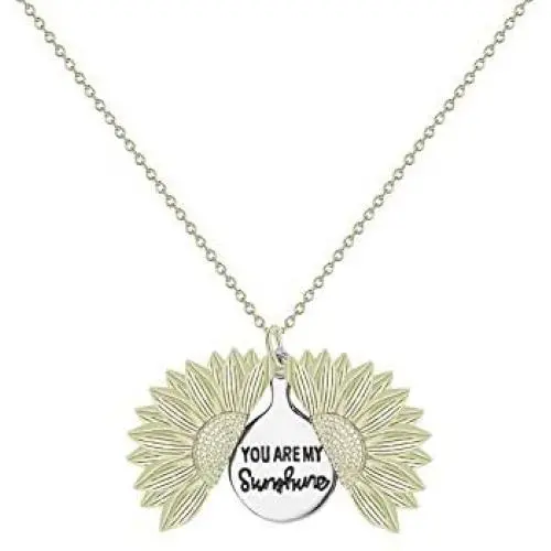 14K Gold Plated You are My Sunshine Necklace Sunflower Locket Engraved Necklace Pendant for Women Men Girls