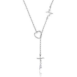 Sterling Silver Faith Hope Love Y Necklace S925 Faith Cross Lifeline Heart Pendant Chain Inspirational Jewelry Gifts for Christian Women Teen Girls