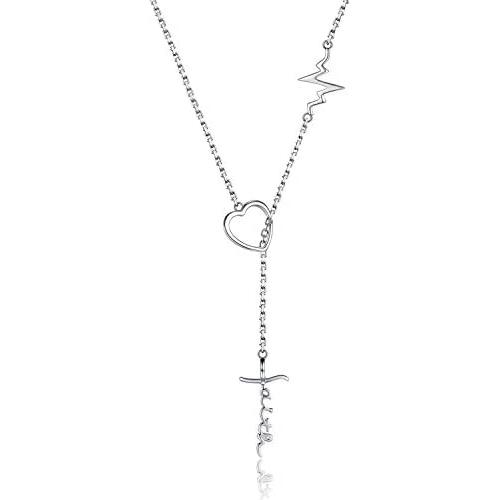 Sterling Silver Faith Hope Love Y Necklace S925 Faith Cross Lifeline Heart Pendant Chain Inspirational Jewelry Gifts for Christian Women Teen Girls