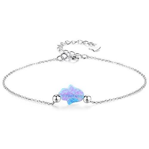 Kaletine Blue Synthetic Opal Hamsa Hand of Fatima Bracelet Sterling Silver 925 Adjustable Cable Chain 6.5''+1.5''