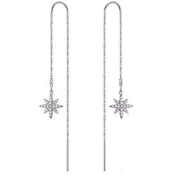 AOBOCO Sterling Silver Polaris Snowflake Thread Earrings, Crystal from Austria, Hypoallergenic North Star Dangle Drop Earrings, Fine Jewelry Gifts for Women