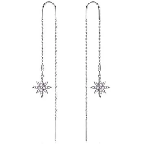 AOBOCO Sterling Silver Polaris Snowflake Thread Earrings, Crystal from Austria, Hypoallergenic North Star Dangle Drop Earrings, Fine Jewelry Gifts for Women