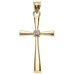 Small Solitaire Diamond Cross Pendant in 14k Yellow Gold