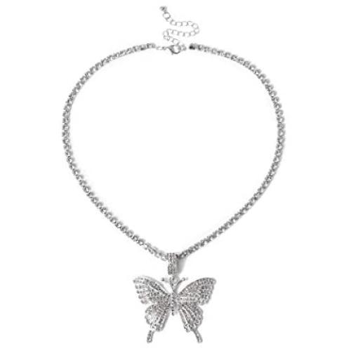 NSLS Sparkly Big Butterfly Pendant Necklaces for Women Girls Layered Gold Silver Hip Hop Chain Rhinestone Choker Necklace Party Jewelry Gifts