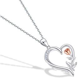 NINAMAID Valentines Day Gifts Womens Flower Rose Necklace 925 Sterling Silver Love Heart Pendant Necklace Jewelry for Womens Girls Wife Adjustable Chian with 5A Cubic Zirconia
