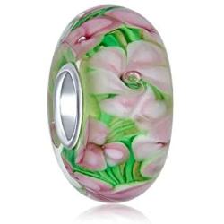 Murano Glass .925 Sterling Silver Core Floral Blue Green Pink Red Black White Flower Spacer Charm Bead Fits European Bracelet For Women Teen