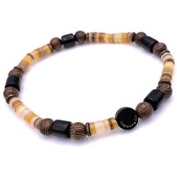 Mens Shell and Wood Mala Beads Stretch Bracelet Handcrafted in USA - Golden Brown