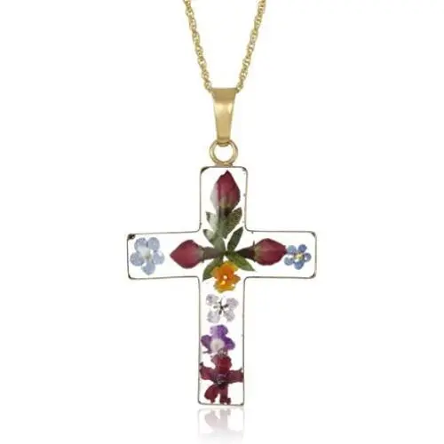 14k Gold Over Sterling Silver Pressed Flower Multi-Colored Cross Pendant Necklace 14k Gold Over Sterling Silver Pressed Flower Multi-Colored Cross Pendant Necklace