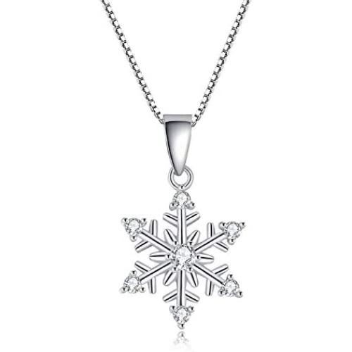 Silver Snowflake Jewelry Set for Women, 925 Sterling Silver Snowflake Stud Earrings & 45cm Necklace Pendant Set, with White AAA Cubic Zirconia, Perfect Christmas Gift for Ladies Girls