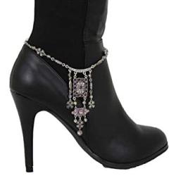 TFJ Women Ethnic Fashion Bling Jewelry Boot Bracelet Antique Silver Metal Chain Shoe Anklet Purple Star Charm