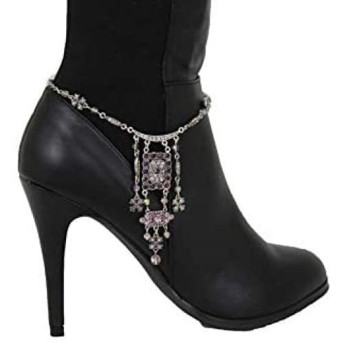 TFJ Women Ethnic Fashion Bling Jewelry Boot Bracelet Antique Silver Metal Chain Shoe Anklet Purple Star Charm