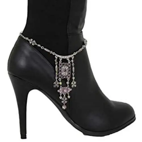 TFJ Women Ethnic Fashion Bling Jewelry Boot Bracelet Antique Silver Metal Chain Shoe Anklet Purple Star Charm