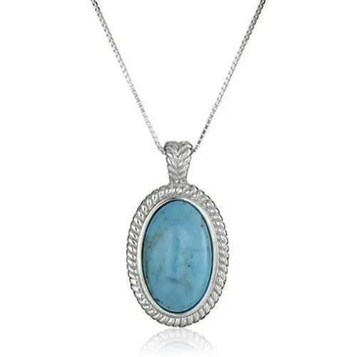 Sterling Silver Genuine Stabilized Turquoise Oval Pendant Necklace, 18''