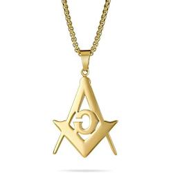 Bling Jewelry Black Oxidized Large Freemason Secret Society Square & Compass Masonic Symbol Pendant Necklace for Men Silver Gold Tone Stainless Steel with Bead Chain