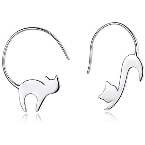 ONLYJUMP Cute Cat Dangle Stud Earrings for Women Girls Fashion 925 Sterling Silver Pull Through Animal Asymmetric Funny Earring Jewelry Birthday Gift