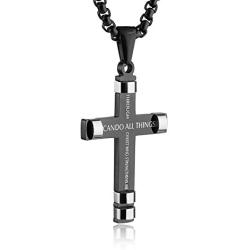 HZMAN Philippians 4:13 Cross Pendant STRENGTH Bible Verse Stainless Steel Necklace 3 Colors Available