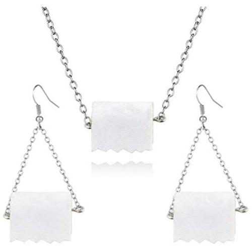 SMALLLOVE Funny Toilet Roll Paper Necklace and Earrings Set for Women Girls Adorable Handmade PU Leather Wire Dangle Drop Statement Hook Earrings