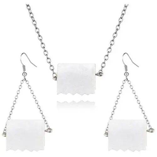 SMALLLOVE Funny Toilet Roll Paper Necklace and Earrings Set for Women Girls Adorable Handmade PU Leather Wire Dangle Drop Statement Hook Earrings
