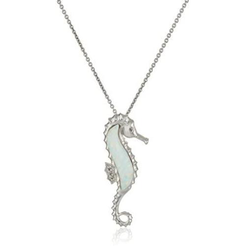Jewelili Sterling Silver Created Opal and Natural White Diamond Accent Seahorse Pendant Necklace, 18'' Rolo Chain