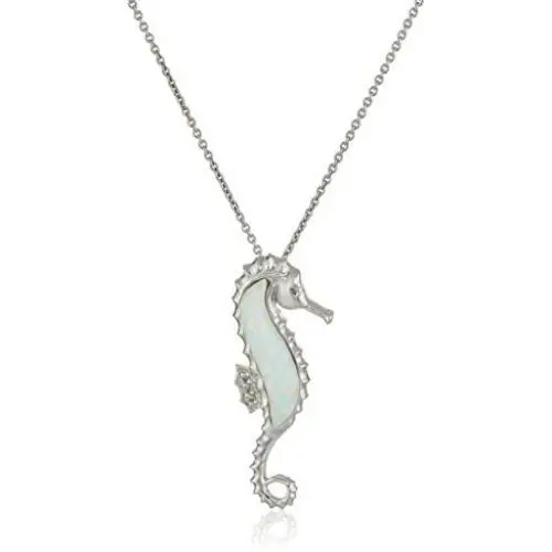 Jewelili Sterling Silver Created Opal and Natural White Diamond Accent Seahorse Pendant Necklace, 18'' Rolo Chain Jewelili Sterling Silver Created Opal and Natural White Diamond Accent Seahorse Pendant Necklace, 18'' Rolo Chain