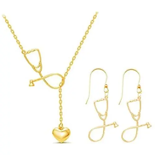 Dcfywl731 Stethoscope Inspired Necklace Bangle Bracelet Jewerly Set, Lariat Y Love Necklace for Doctors, Medical Student Jewelry, Nurse Heart Necklace (Gold Necklace Earrings Set)