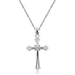 Charms Cross Pendant Necklace with Cubic Zirconia, Platinum Plated Stainless Steel Christian Jewelry for Women ZY061