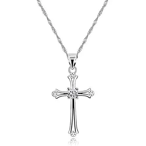 Charms Cross Pendant Necklace with Cubic Zirconia, Platinum Plated Stainless Steel Christian Jewelry for Women ZY061 Charms Cross Pendant Necklace with Cubic Zirconia, Platinum Plated Stainless Steel Christian Jewelry for Women ZY061