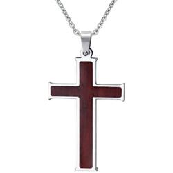 Stainless Steel Wood Cross Necklace Pendant for Mens Christian Jesus Lord Prayer with Chain,Silver